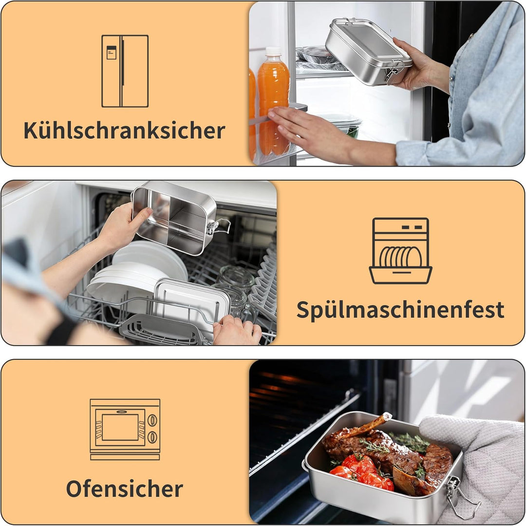 Onader Edelstahl Brotdose mit Fächern 2er Set, 2400ml Gross Bento Box Lunchbox mit Abnehmbar Trennwa