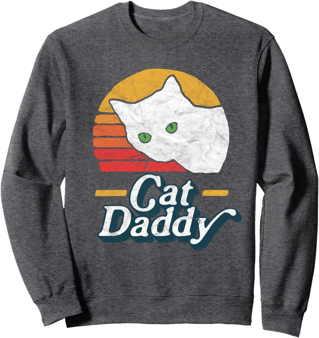 Cat Daddy Vintage Eighties Style White Cat Retro Distressed Sweatshirt