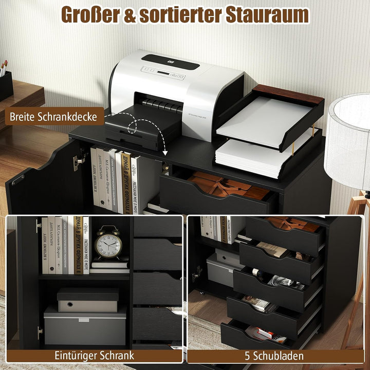 COSTWAY Rollcontainer mit 5 Schubladen &amp; Tür, mobiler Aktenschrank mit Arbeitsplatte &amp; Rollen, Büros
