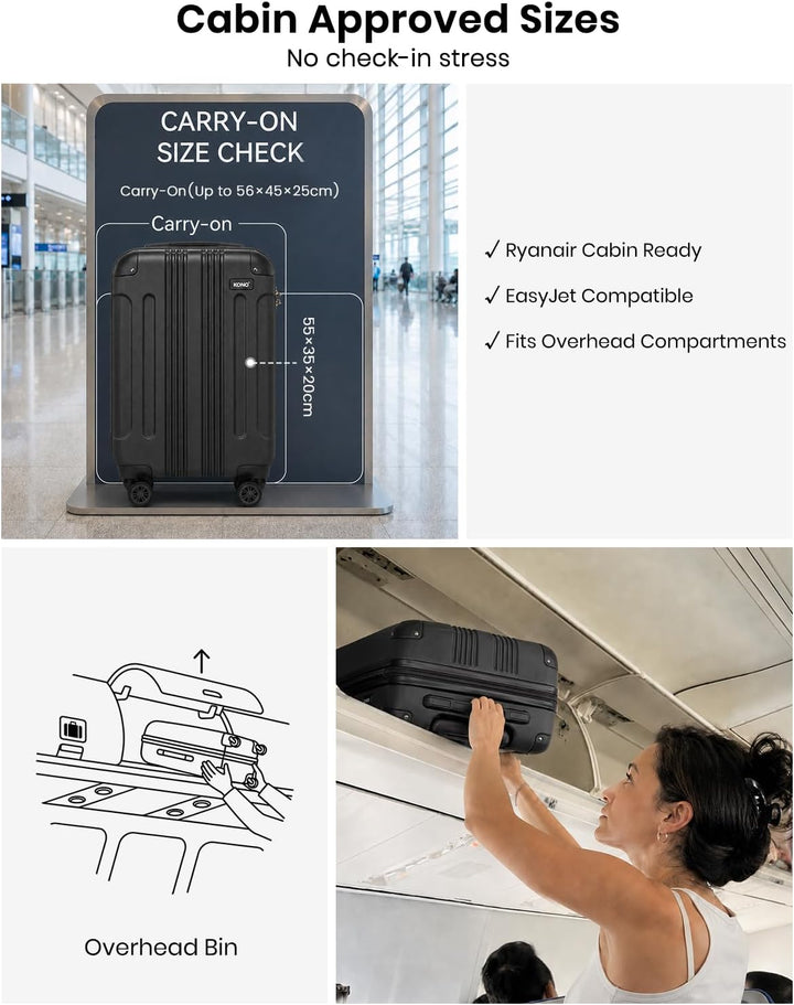 KONO Hartschale Gepäck Leichten ABS Reisekoffer Rollenkoffer 4 Rollen, Schwarz M(55cm - 33L)
