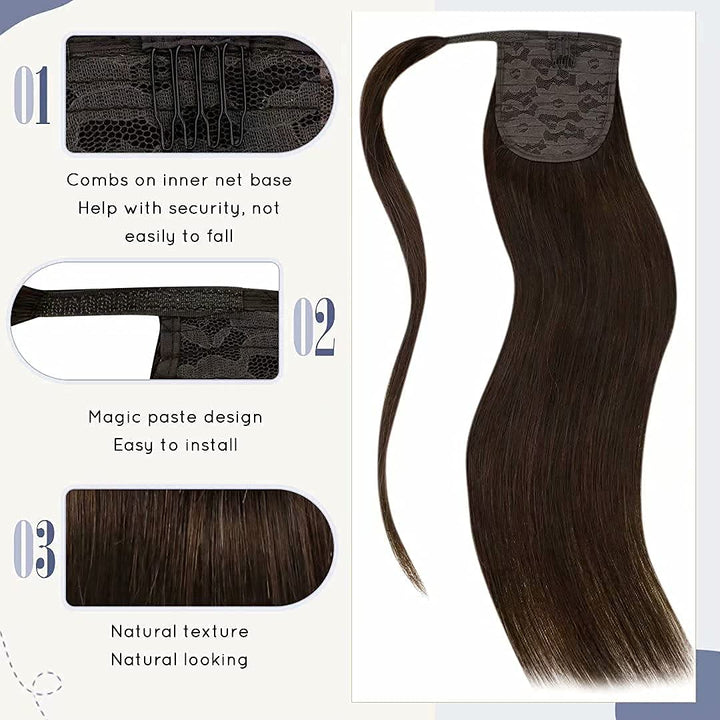 LaaVoo Ponytail Extensions Echthaar Braun Pferdeschwanz Extensions Echthaar Dunkelbraun Zopf Extensi