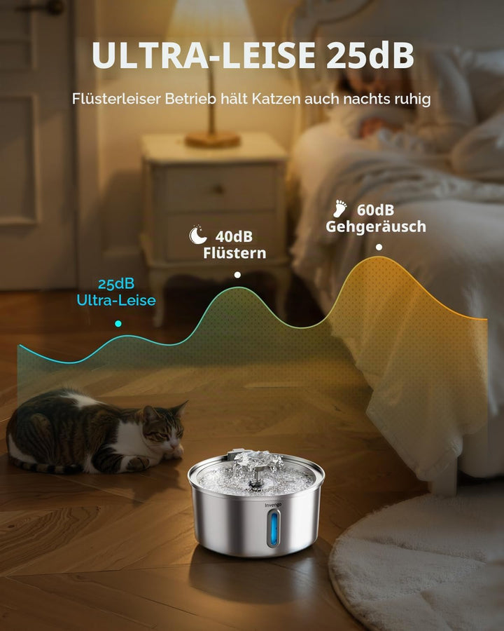 Katzenbrunnen Edelstahl, 3.2L Trinkbrunnen für Katze mit Blumenfontäne, LED-Anzeige, Wasserstandsanz