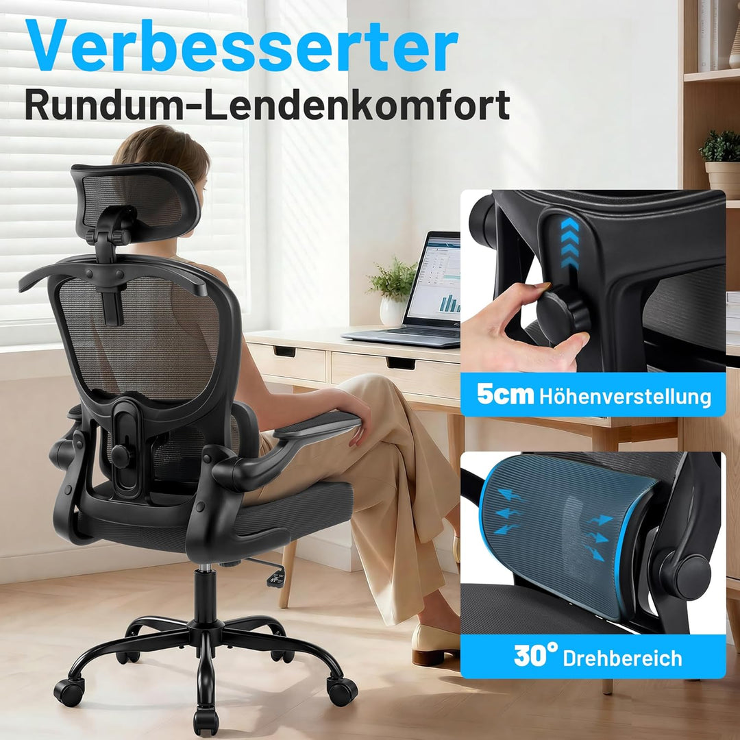 Bürostuhl, Ergonomisch mit Kopfstütze und Verstellbarer Lendenwirbelstütze, Mesh Drehstuhl für Homeo