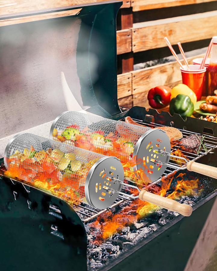 OWZ Rollendes Grillkorb Set - 2 Stück Grillkorb Edelstahl mit Holzgriff - Rolling Grilling Basket -