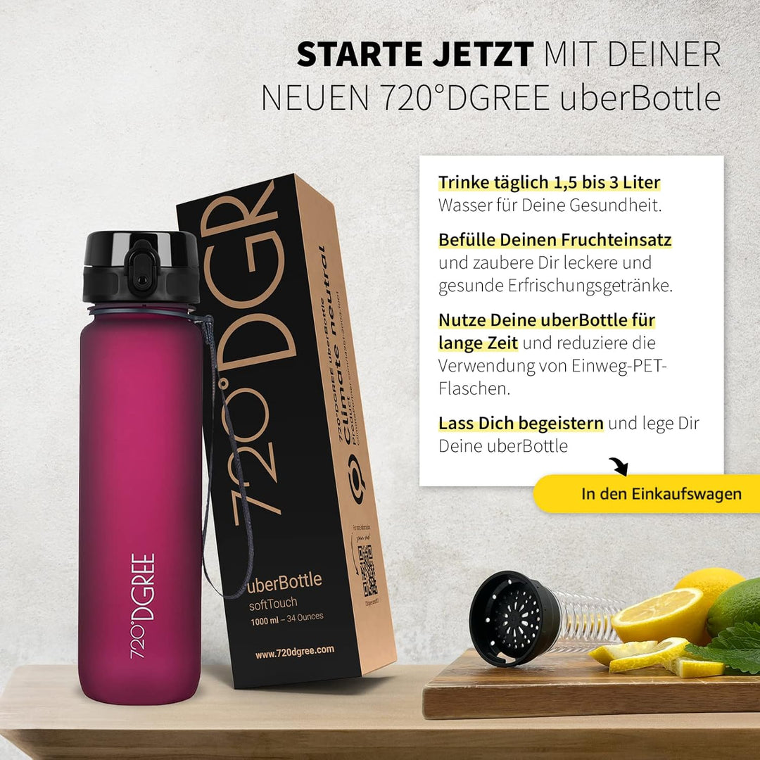 720°DGREE Trinkflasche 1l “uberBottle“ softTouch +Früchtebehälter - BPA-Frei - Schlanke Wasserflasch