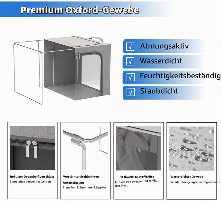 2 Stück Aufbewahrungsbox kleidung, Faltbare Kleideraufbewahrung Box mit Metallrahmen und 3 Fenster,