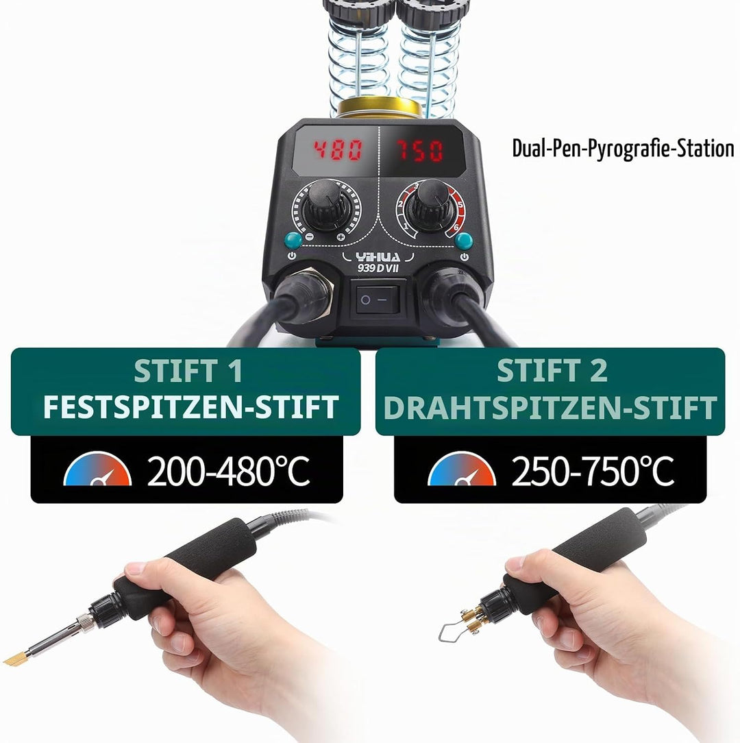 YIHUA 939D-VII brandmalerei-Werkzeug Holzbrennstift-Set Station 2-in-1 Solid-Point 200-480°C (mit Te