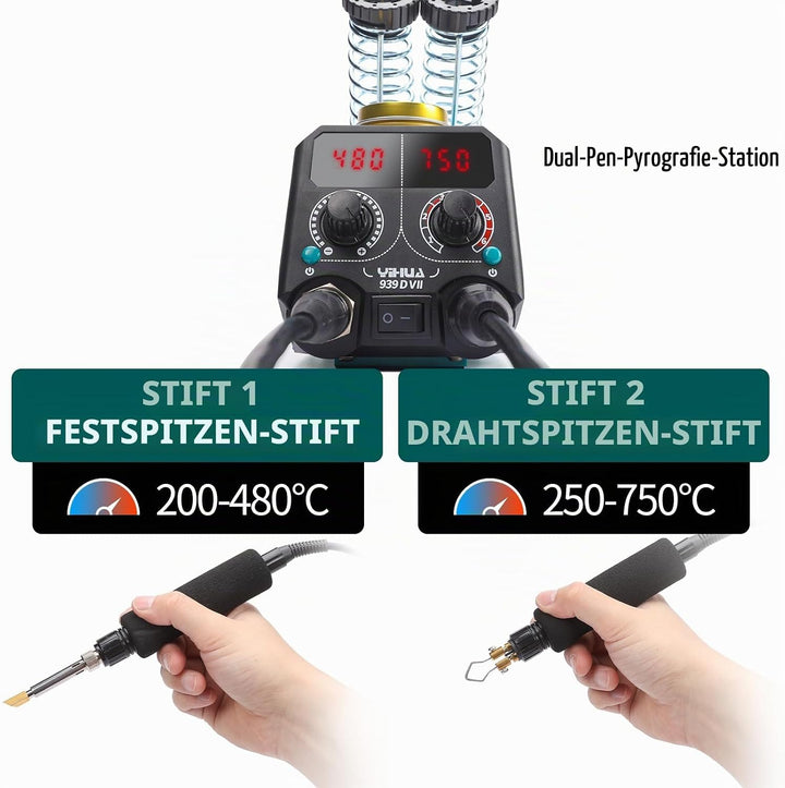 YIHUA 939D-VII brandmalerei-Werkzeug Holzbrennstift-Set Station 2-in-1 Solid-Point 200-480°C (mit Te