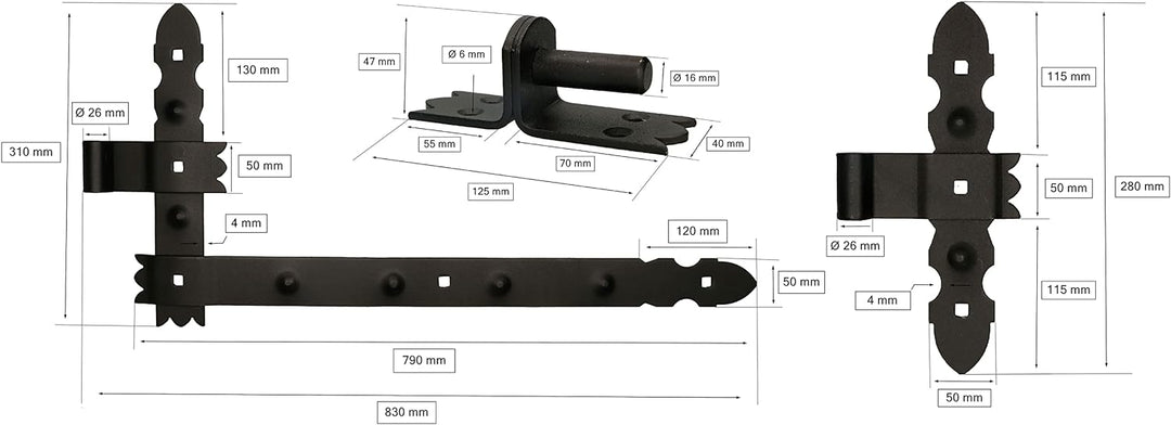 KOTARBAU® Winkelband Schmiedeeisen Dekorativ 800 x 50 mm + Mittelband 6 tlg. Satz mit Kloben zum Ans