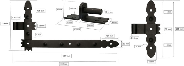 KOTARBAU® Winkelband Schmiedeeisen Dekorativ 800 x 50 mm + Mittelband 6 tlg. Satz mit Kloben zum Ans