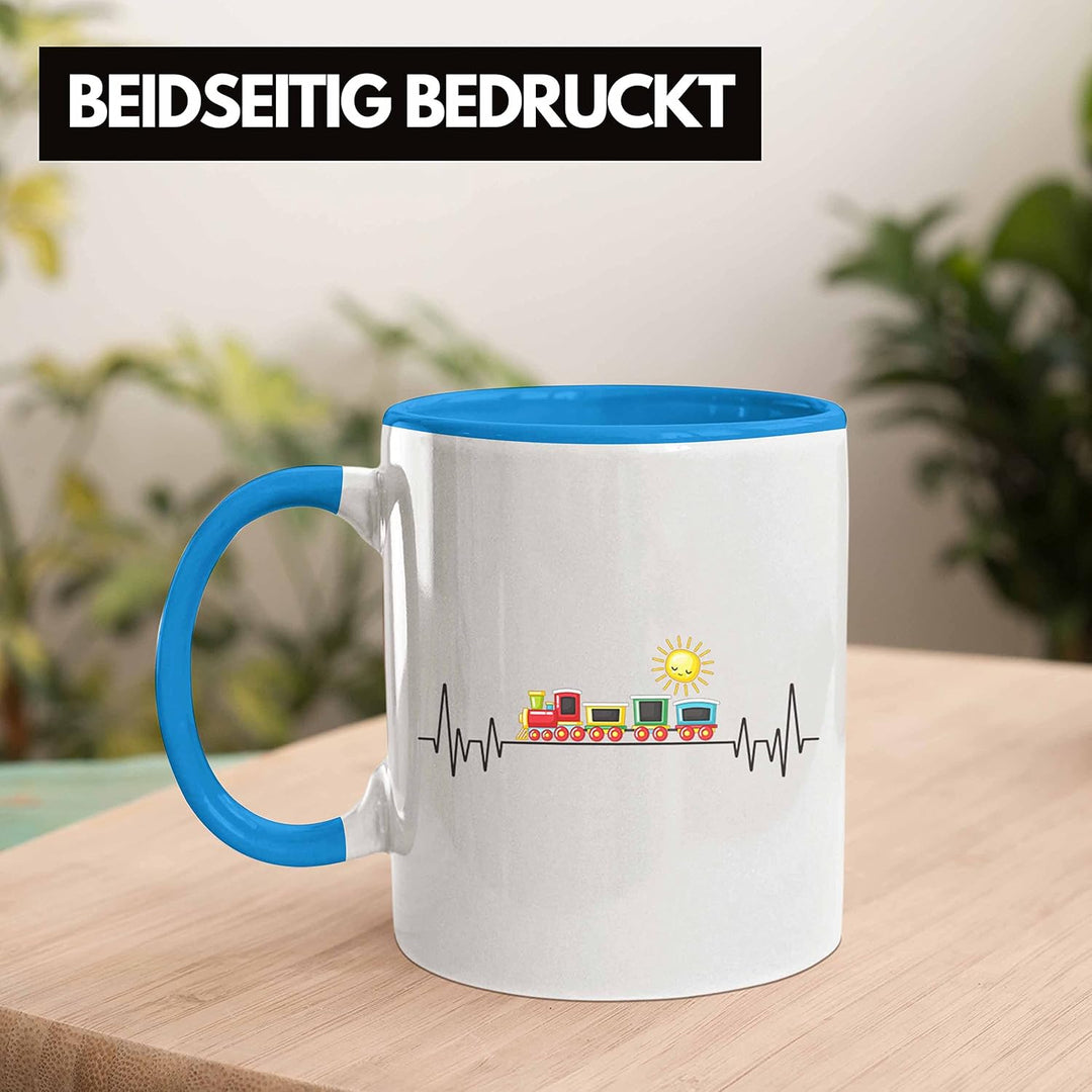 Trendation - Zug Züge Herzschlag Tasse Geschenk für Eisenbahner Zugführer Hobby Geschenkidee (Blau),