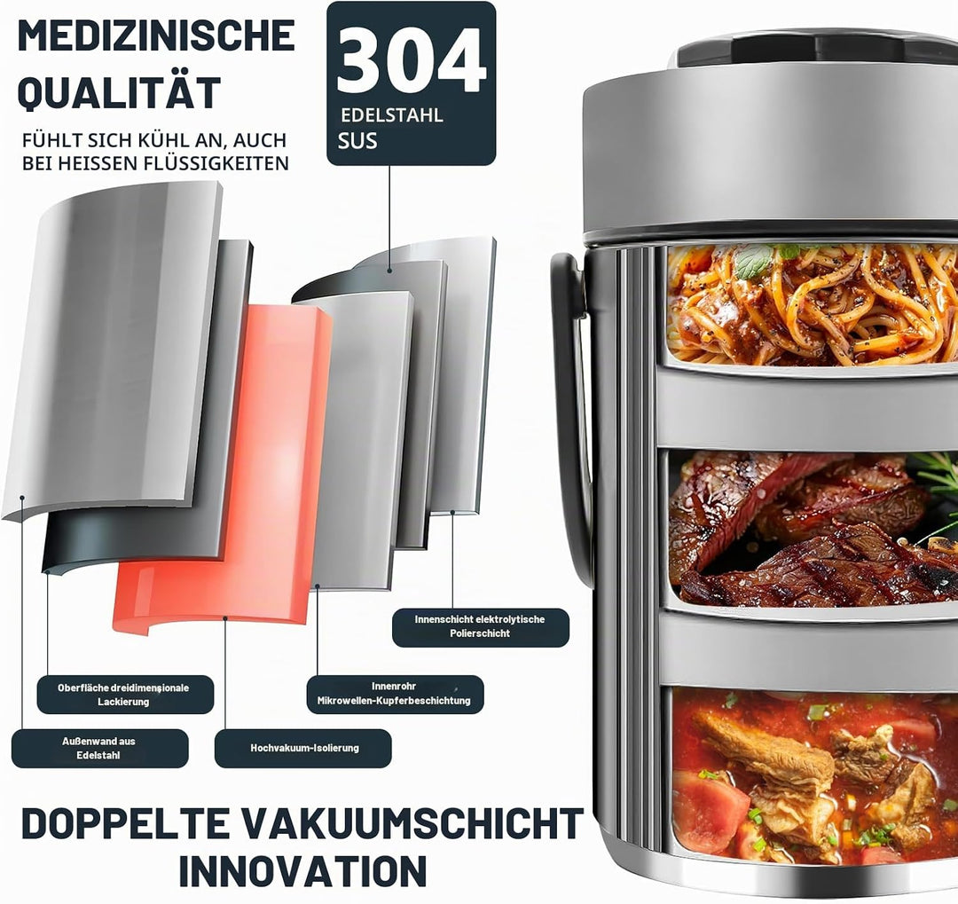 3-lagige Isolierte Lunchbox Edelstahl, 2.0L Vakuum Isolierter Lebensmittelbehälter für Warm- &amp; Kalth