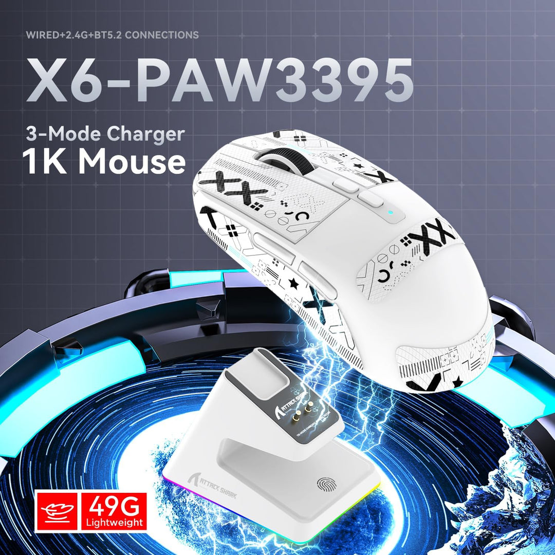 ATTACK SHARK X6 49g Superlight Maus mit magnetischer Ladestation, PixArt PAW3395 Gaming-Sensor, BT/2