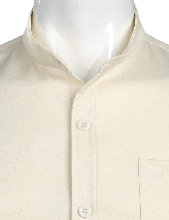 PARKLEES Herren Grandad-Kragen Slim Fit Langarm Casual Button Down Kleid Shirts mit Tasche M Beige,