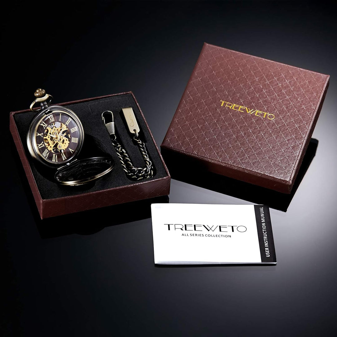 TREEWETO Unisex Taschenuhr mit Kette Analog Handaufzug Adler Skelett R?mische Ziffern Bronze