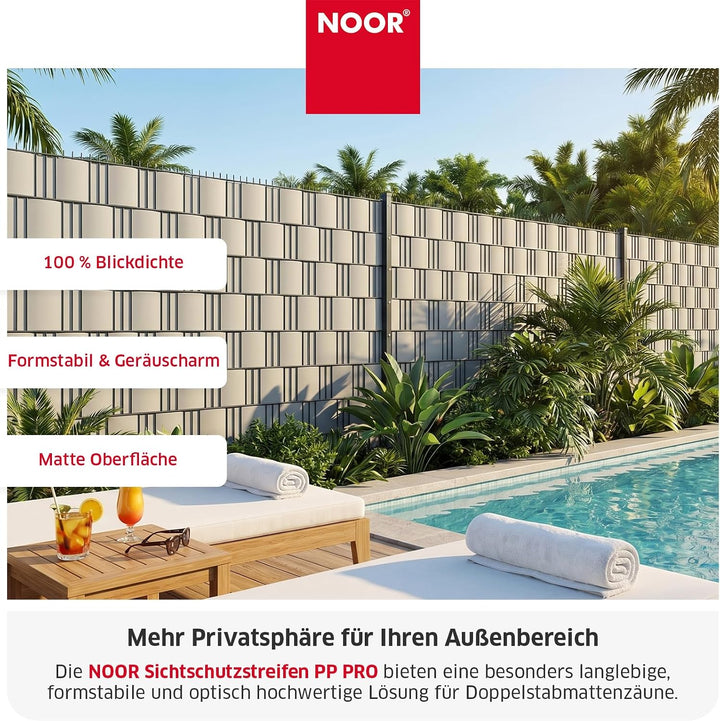 NOOR Zaunblende PP PRO 650 g/m2 Hellgrau I 0,19 x 35 m I Der ideale Sichtschutz für Ihren Doppelstab