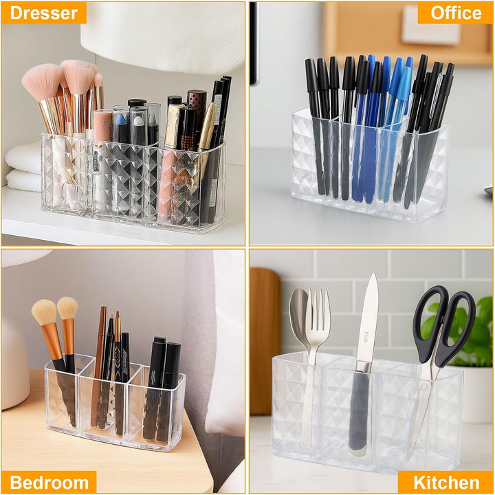 Kosmetik Organizer, 2-Pack Acrylic Pinselhalter, 3 Fächern Kristall Makeup Pinsel Halter, Klarer Sch