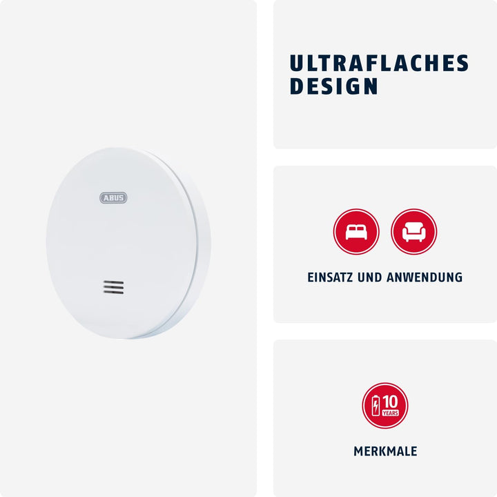 ABUS flacher Rauchmelder RWM160 - mit 10-Jahres-Batterie - Q-Label und DIN EN 14604 geprüft - Blinke