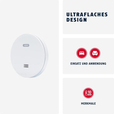 ABUS flacher Rauchmelder RWM160 - mit 10-Jahres-Batterie - Q-Label und DIN EN 14604 geprüft - Blinke