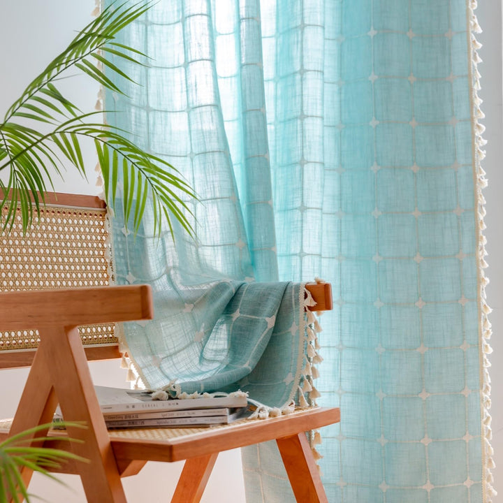 Sutuo Home Boho-Vorhang, Plaids für Schlafzimmer, halbverdunkelnd, Leinen, Bauernhaus-Quasten, Fenst