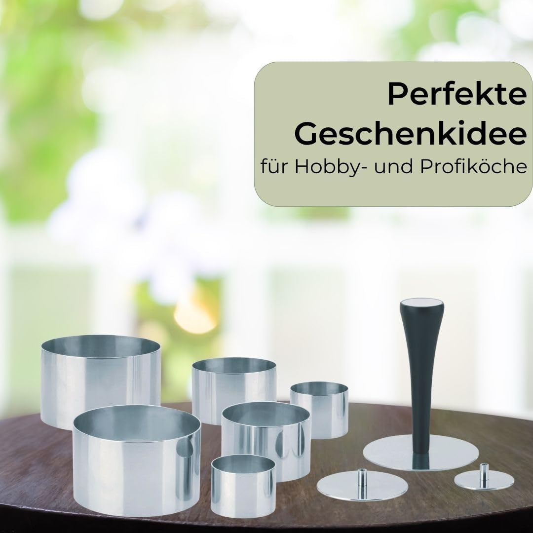 Premium Dessertringe Set Edelstahl 10-teilig, Profi Speisenringe Ø 4/6/8 cm, mit Presse & Griff, Anr