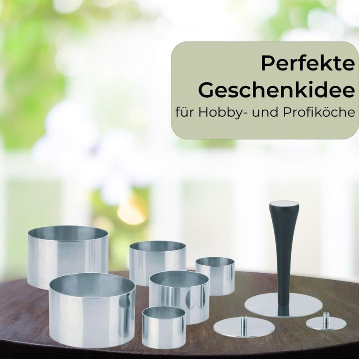 Premium Dessertringe Set Edelstahl 10-teilig, Profi Speisenringe Ø 4/6/8 cm, mit Presse & Griff, Anr
