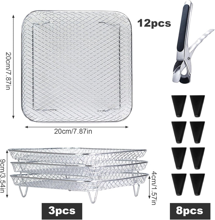 Luftfritteusen-Regal, Edelstahl, 3-lagig, stapelbares Luftfritteusen-Regal mit 8 Silikonfüssen, für