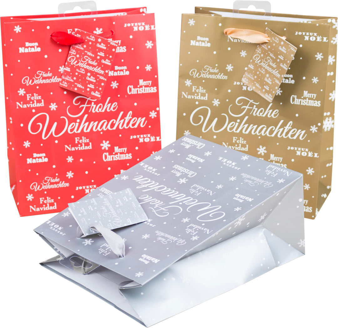 HEKU Geschenktaschen-Set, Glitter 'Merry X-Mas' Design I 24 Stück in 3 Farben (Rot, Gold, Silber) I