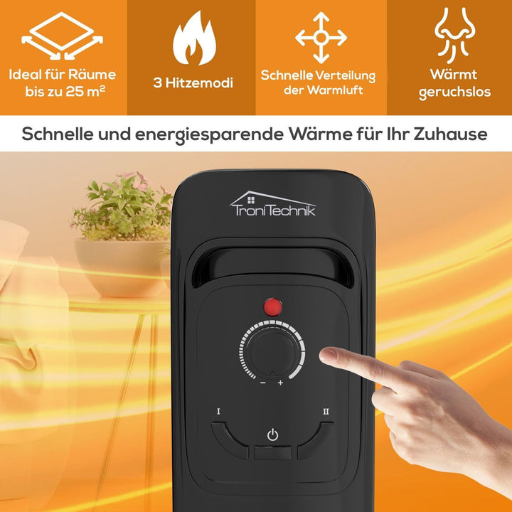TroniTechnik® Ölradiator OR-207 7 Rippen 1500 W schwarz | 3 Heizstufen, Thermostat, Überhitzungsschu