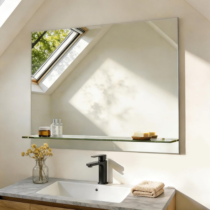 S'AFIELINA Spiegel mit Ablage 80x60 cm – Rahmenloser Wandspiegel für Badezimmer & Gäste-WC – Klassis