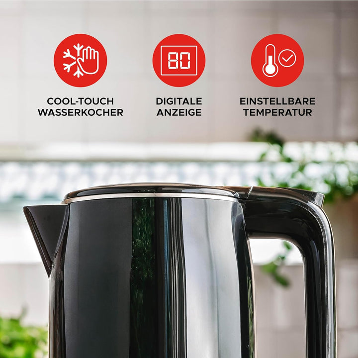 Bourgini Cool Touch - Digitaler wasserkocher Schwarz - wasserkocher mit temperatureinstellung - 1,7