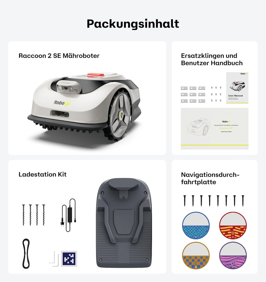 Raccoon 2 SE Rasenmäher Roboter Ohne Begrenzungskabel, Ohne RTK, Max. 600㎡, 5Ah-Schnellladung Batter