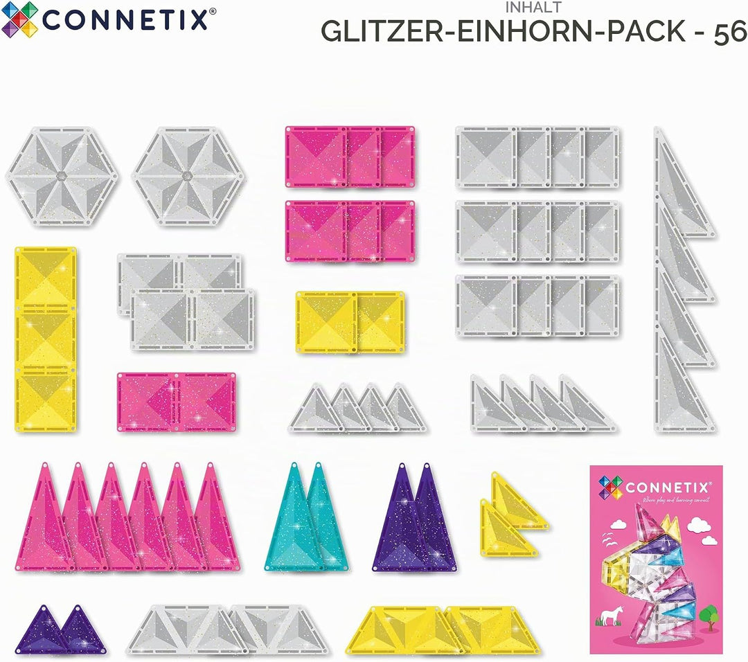 CONNETIX Magnetische Fliesen Glitzer-Einhorn-Set, 56 Stück