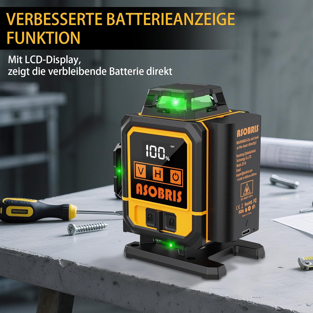 Kreuzlinienlaser mit Stativ,ASOBRIS 16 Linienlaser Selbstnivellierend Laser Wasserwaage mit 2x2400mA