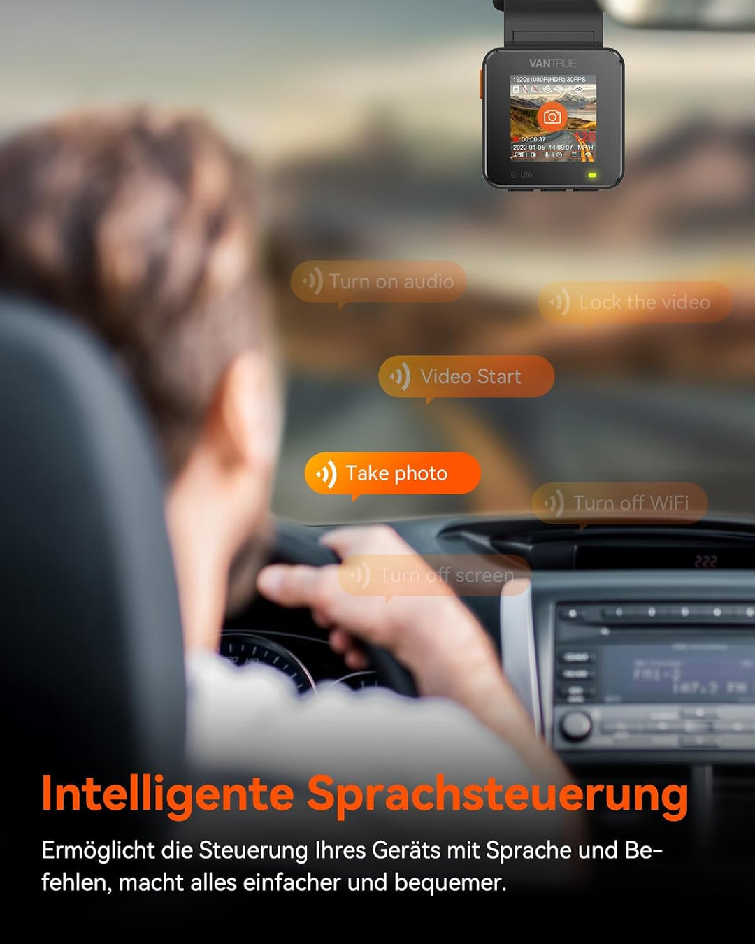 VANTRUE E1 lite Mini Dashcam WiFi vorne 1080P/30fps mit Sprachsteuerung, 1,54&