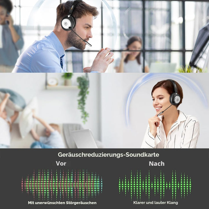 Wantek Bluetooth-Headset mit Mikrofon für PC, V5.2, Kabelloses Headset mit Rauschunterdrückungs-Mikr