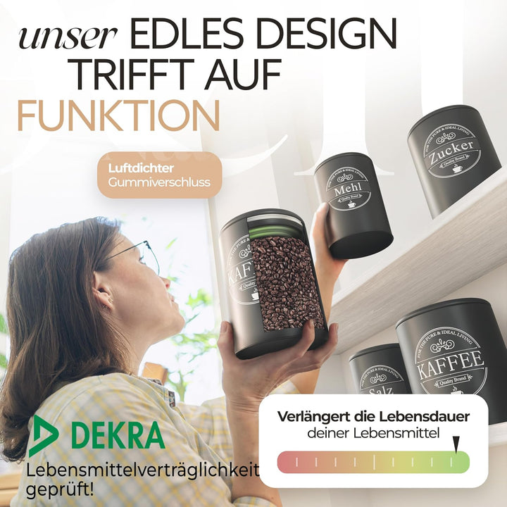 IDEALTASTIC® Premium Brotkasten 4er Set, Zuckerdose, Mehl Aufbewahrung & Kaffeedose luftdicht, Brotb
