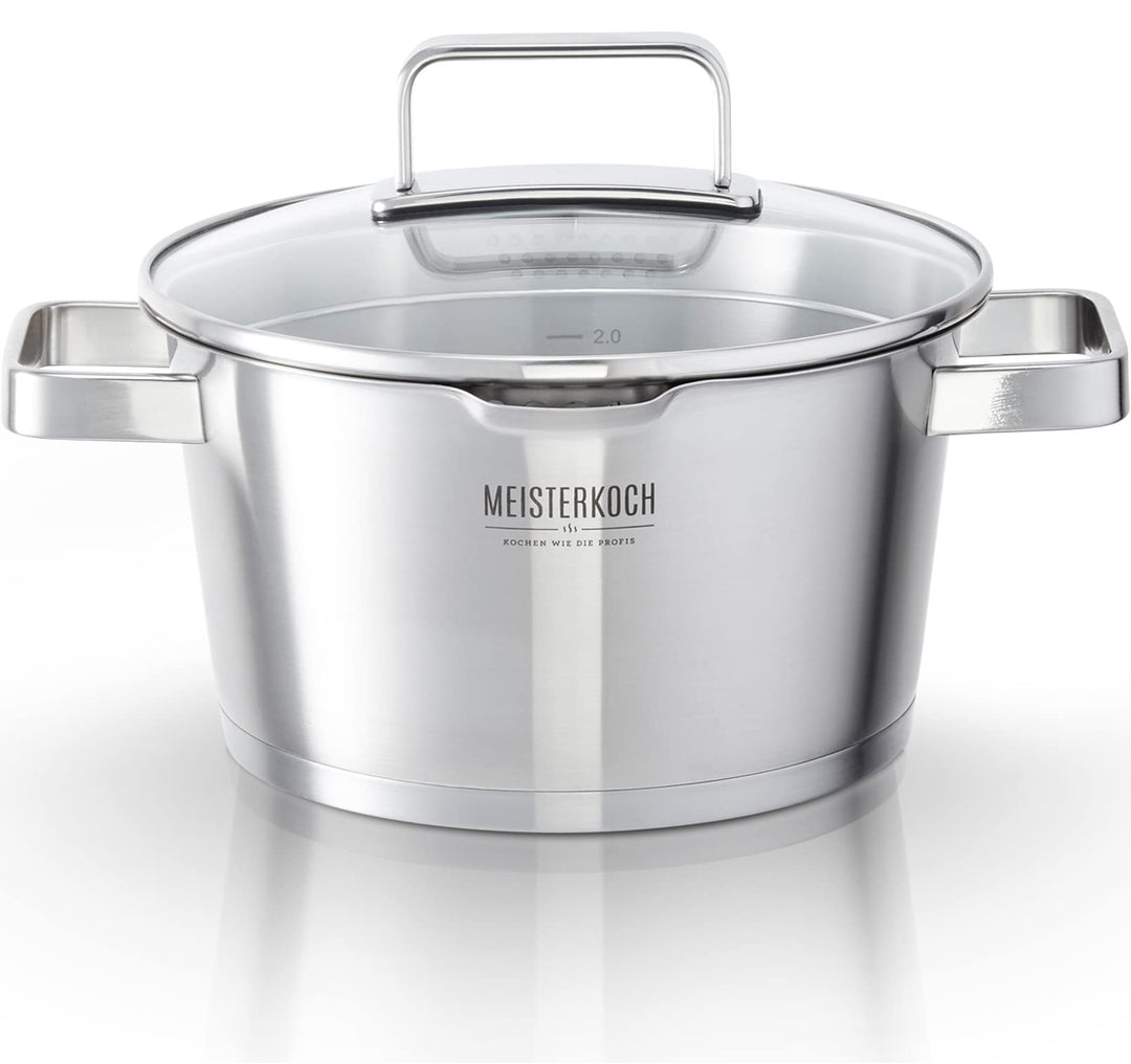 MEISTERKOCH Topf aus gebürstetem Edelstahl 20 cm Ø | mit Ausguss, Innenskalierung und isolierenden K