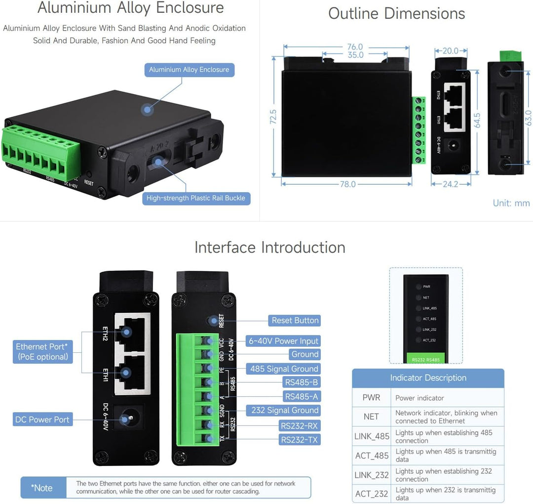 Waveshare RS232 RS485 to RJ45 Ethernet Serial Server Dual Channels Independent Operation Dual Ethern