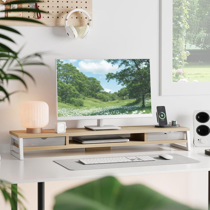 Fenge Dual Monitorständer Riser mit 2 Acryl Schubladen 2 Etagen 108cm Computer Bildschirmständer für