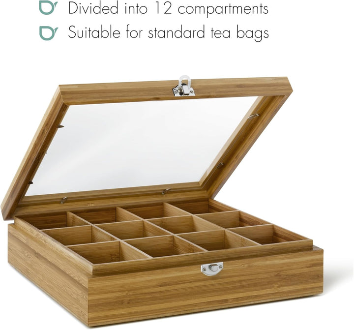 Bredemeijer grosse helle Holz Teebeutel-Kiste mit 12 Fächer und Sichtfenster 28 cm lang Wooden Tea B