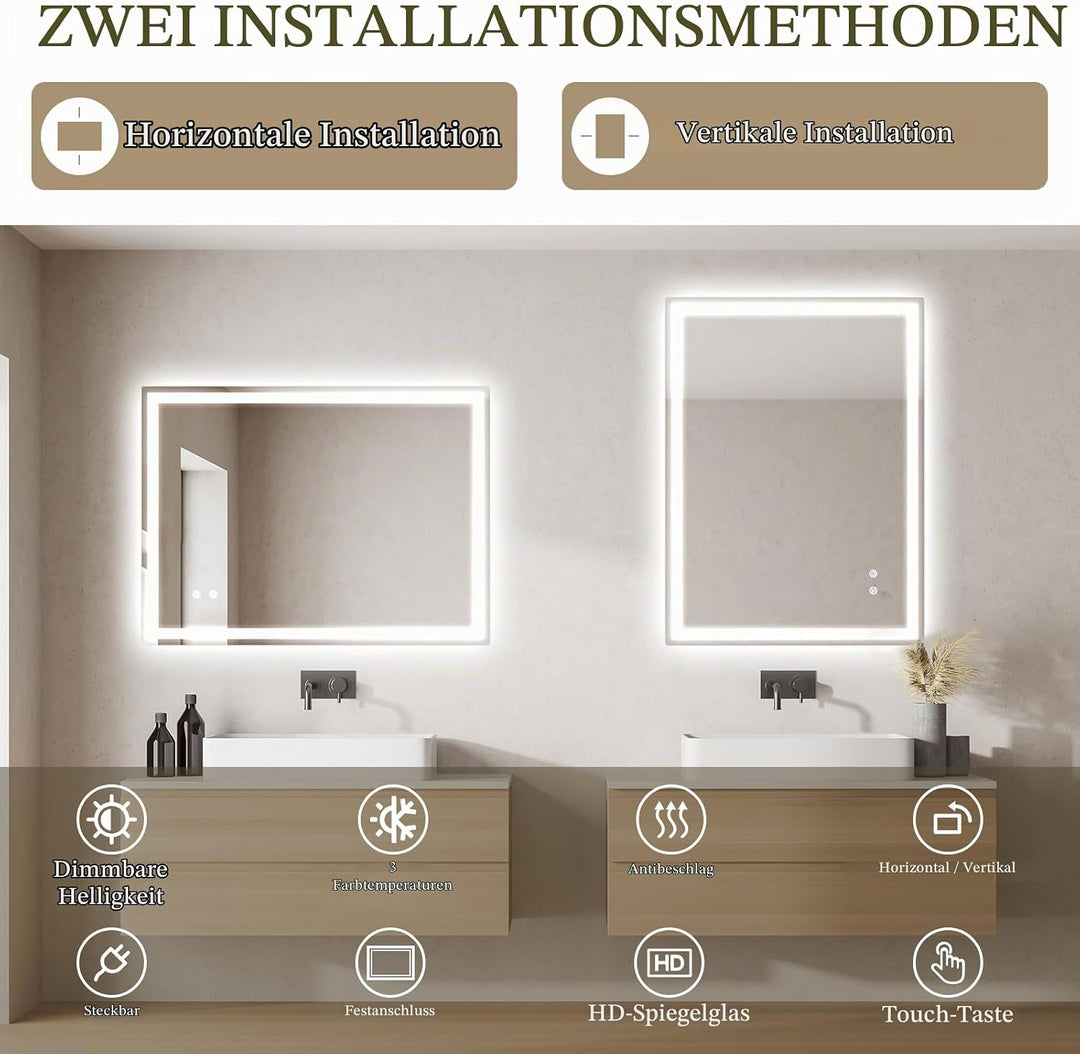Clevich Rechteckiger LED Badspiegel mit Beleuchtung 80x60 cm, Anti-Beschlag | 3 Lichtfarben stufenlo