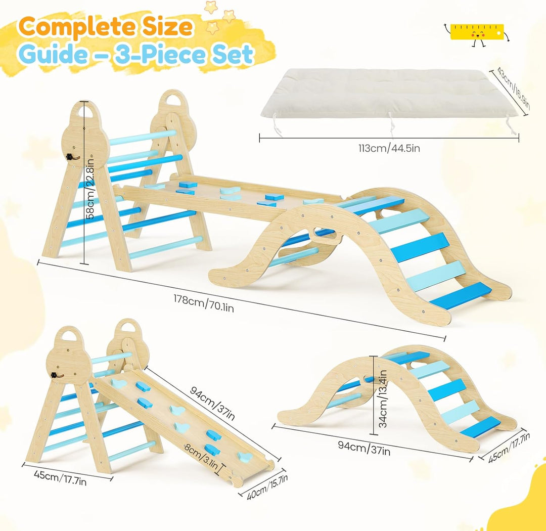 7-in-1 Montessori Klettergerüst Indoor, Kletterdreieck mit Rutsche & Kletterbogen, stabiles Holzklet