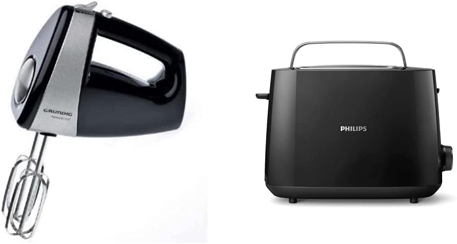 Grundig HM 5040 Premium-Handmixer (300 Watt), schwarz-silber & Philips Toaster – 2 Toastschlitze, 8