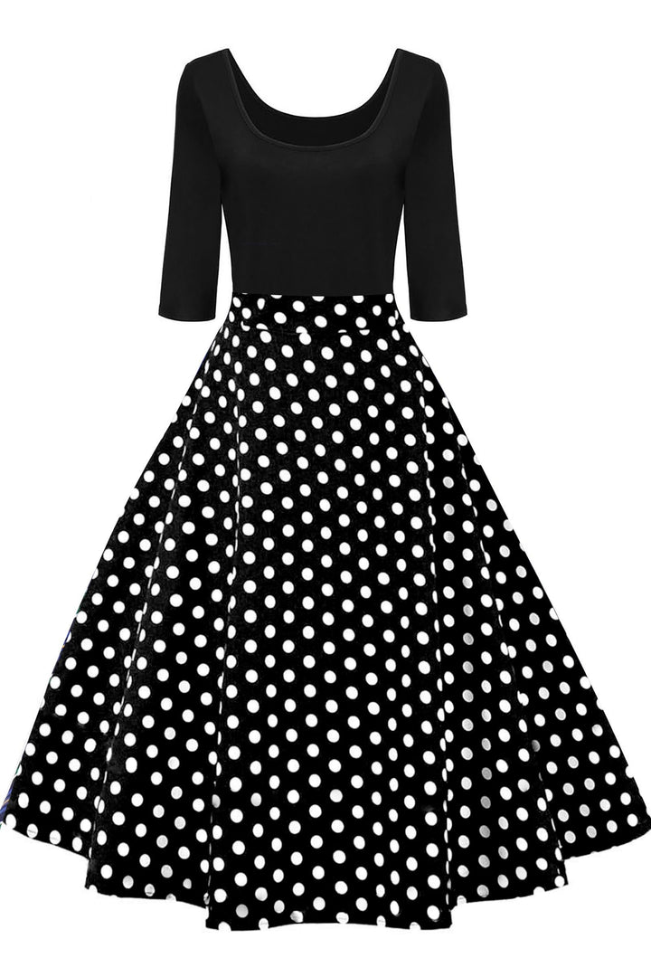AXOE Damen A-Linie Kleid 60er Jahre Rockabilly 3/4 Ärmel Scharz/Gepunketes S, Scharz/Gepunketes S