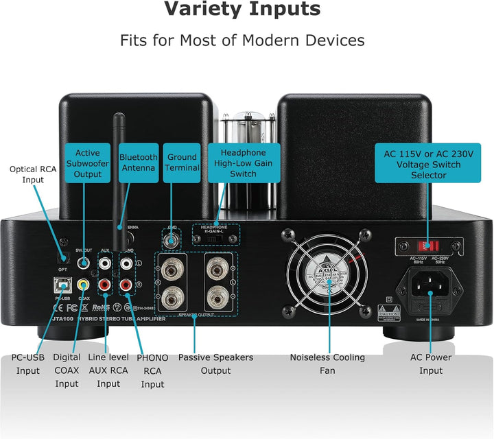 Juson Audio JTA100 2025 200 W Vakuum Röhrenverstärker Integrierter Hybrid mit BT 5.0, OPT AUX,COAX,P