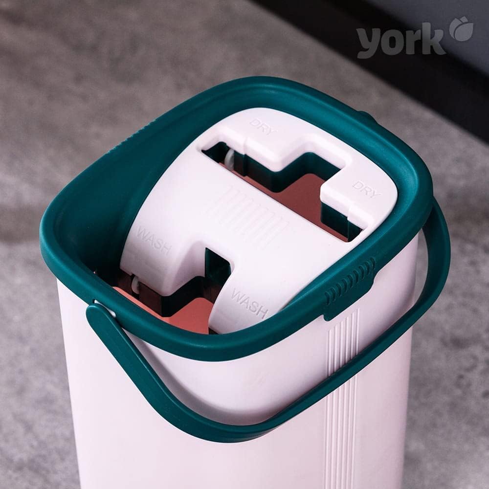 York Wischmopp Set mit Eimer &amp; Auswringfunktion, Mikrofaser | Freihändiger Flachwischer für Nass- un