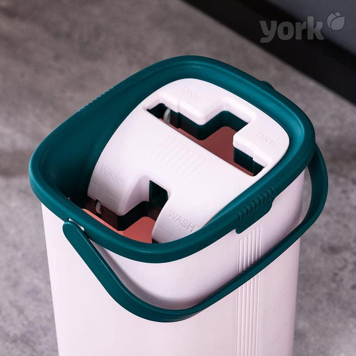 York Wischmopp Set mit Eimer &amp; Auswringfunktion, Mikrofaser | Freihändiger Flachwischer für Nass- un