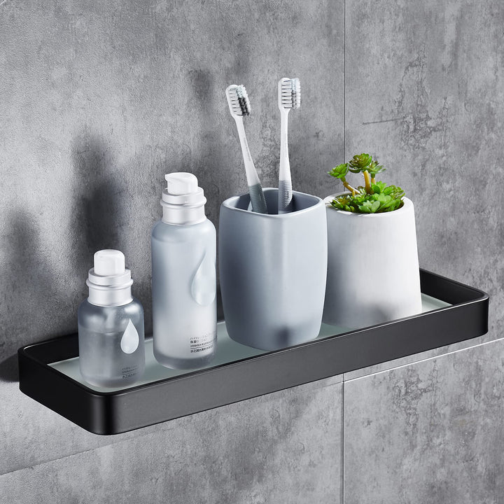 DUFU Selbstklebendes Duschregal Ohne Bohren - Raumfahrt-Aluminium-Korb mit Gehärtetem Glas | 30cm Sc