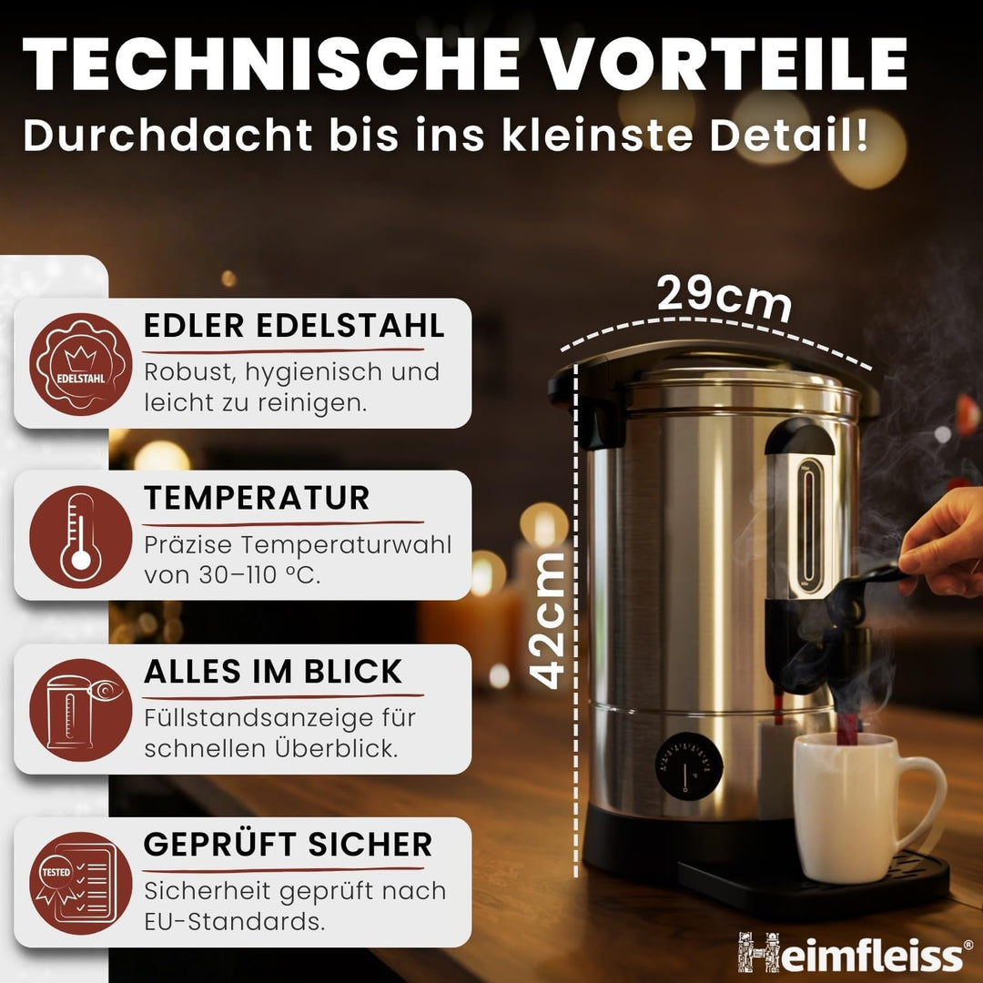 Heimfleiss® Glühweinkocher 6,8L aus Edelstahl | 1500W Einkochautomat für Glühwein, Punsch & Wasser |